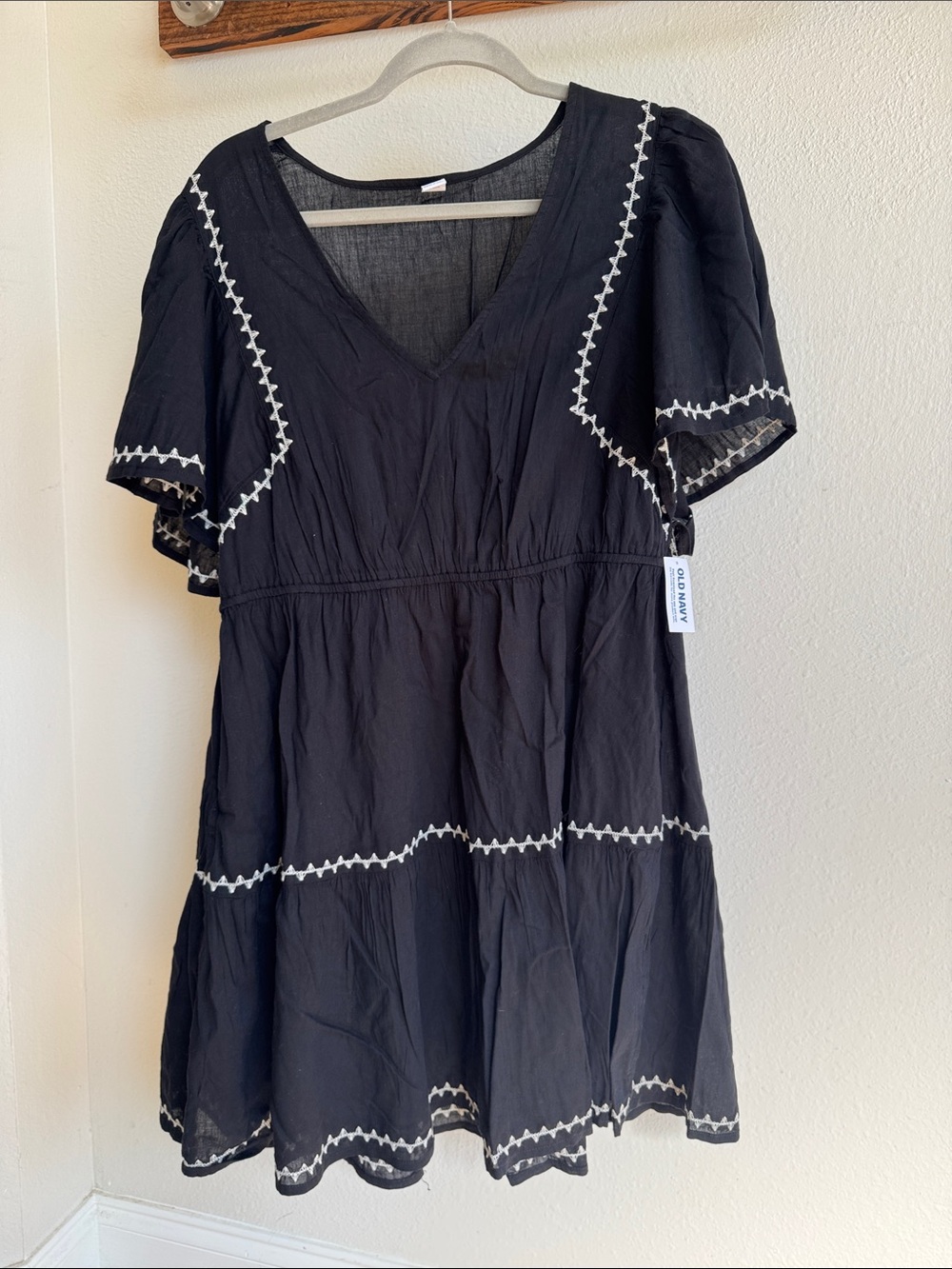 Old Navy Black Midi Dress with White Embroidered Trim